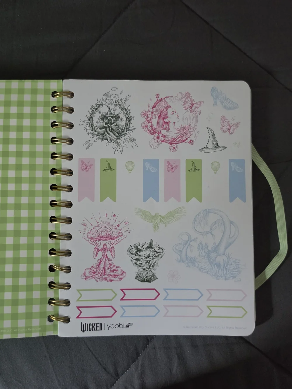 yoobi Green Gingham Wicked  Spiral Notebook & Reversible Makeup/ Pencil Case Set